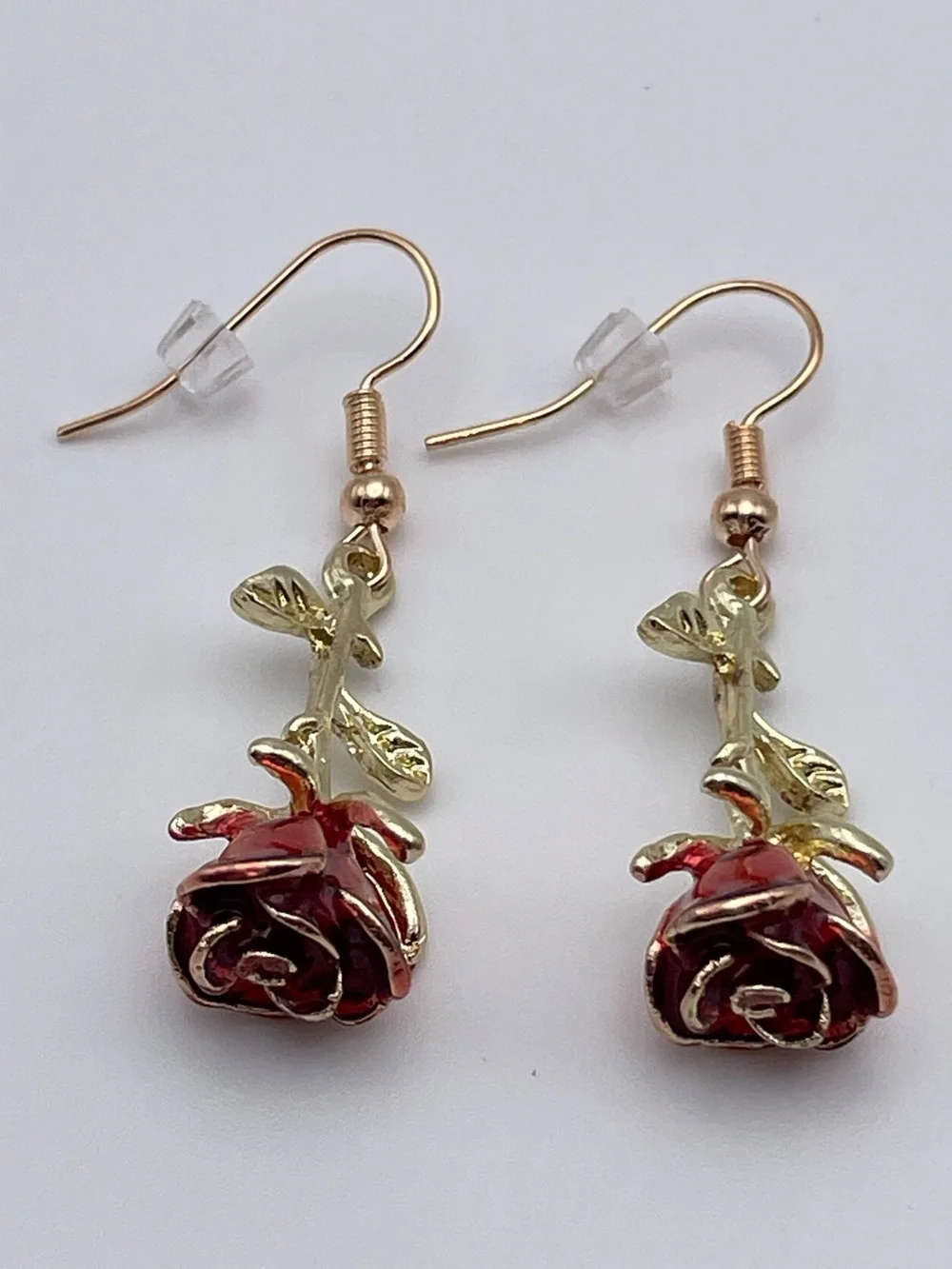 Gold Red Rose Drop Earrings